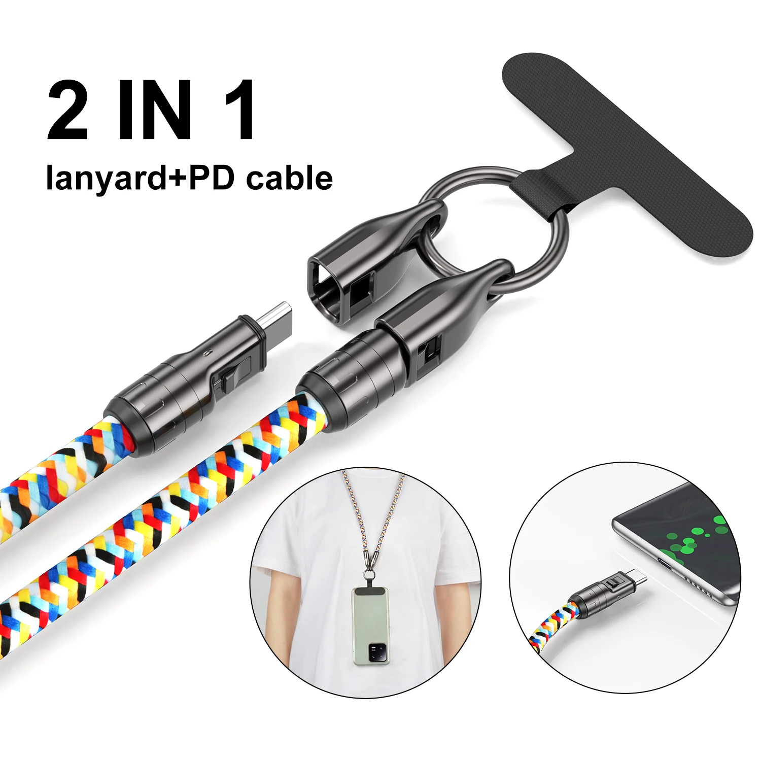 USLION 5A Fast Charging Type-C Data Cable PD240W Crossbody Neck Strap 120CM 1.2M Mobile Phone 2 in 1 Braided Lanyard Cable