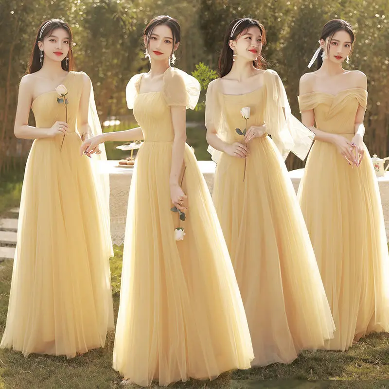

Champagne Tulle Bridesmaid Dress Women One Shoulder Short Sleeves Square Collar Bandage A-line Homecoming Dresses Elegant Gown