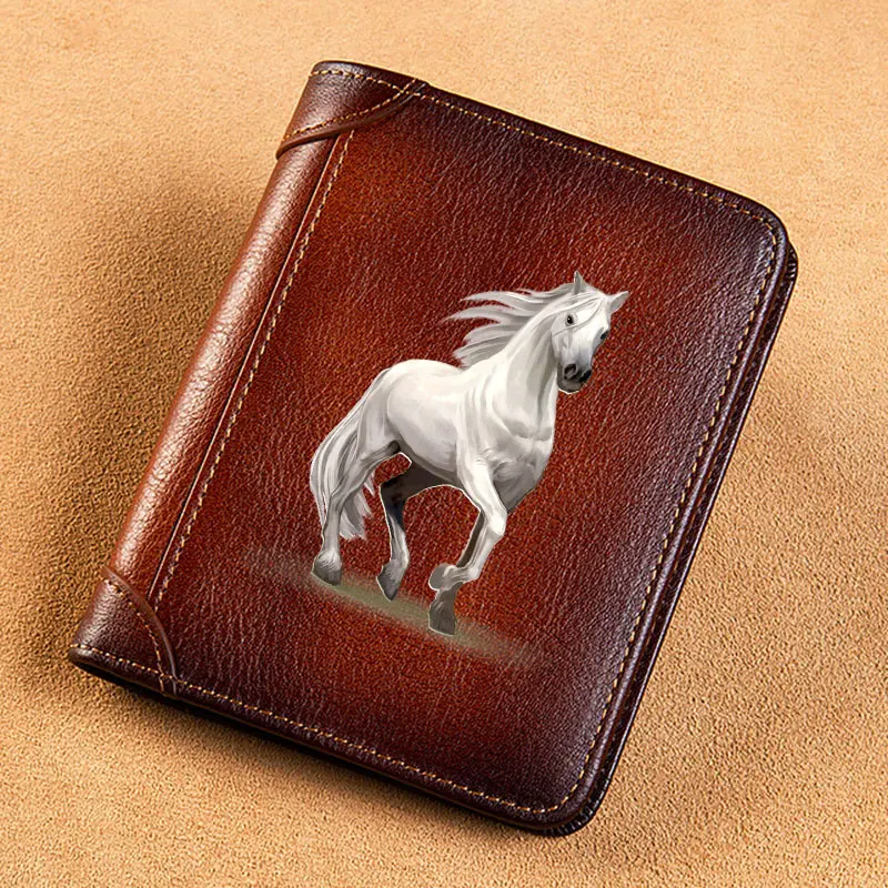 

High Quality Genuine Leather Men Wallets Handsome Animal White Horse Printing Short Card Holder Purse Billfold Men's Wallet