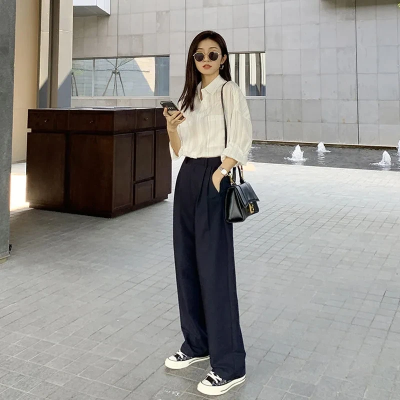 Fashion (Light Gray)2023 New Retro Straight Wide Leg Brown Pants Vintage  Female Korean High Waist Casual Long Navy Blue Pants White Beige Trousers  DOU @ Best Price Online