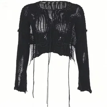 Y2k Cropped Hole Sweater Sexy Gyaru Hollow Out Knit Pullovers Goth Korean Long Sleeve Jumper Summer Fashion Sheer Knitwears Tops 1