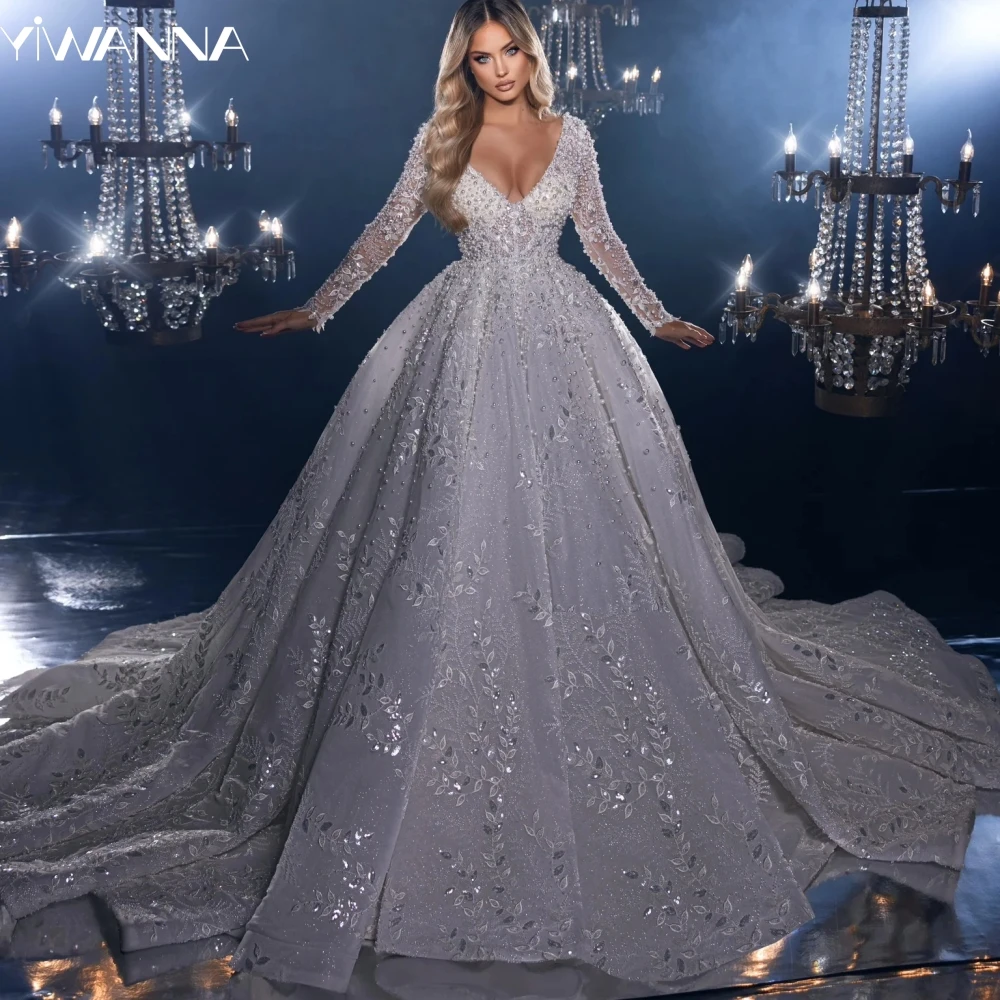 

Sexy Deep V-neck Backless Bridal Dress Sparkly Sequins Pearls Wedding Gown Luxury Appliques Long Bride Robe Vestido De Novia