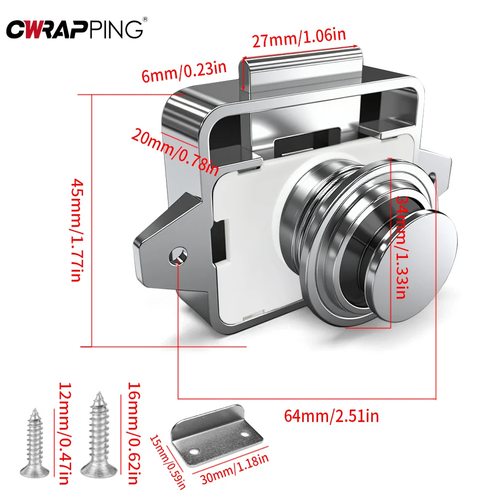ตัวล็อคตู้แบบกด ฮาร์ดแวร์เฟอร์นิเจอร์ ตัวล็อคแบบกดสำหรับรถบ้าน เฟอร์นิเจอร์รถบ้าน ตัวล็อคประตูแบบไม่ใช้กุญแจสำหรับบ้าน รถบ้าน รถยนต์ 1