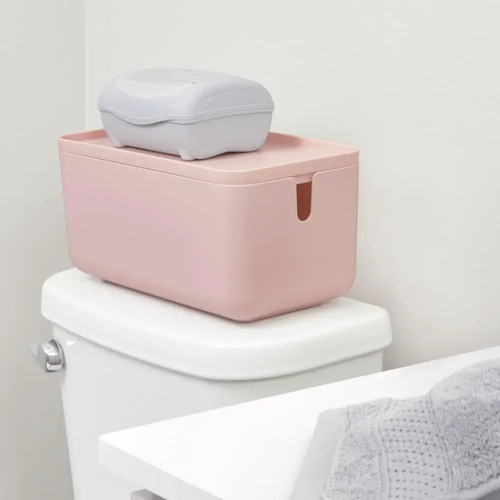 Blush Toilet Paper Storage Bin Stackable Non-Skid Feet Lid BPA-Free 11.88"x6.38"x5.75" Organize Bathroom Compact Storage