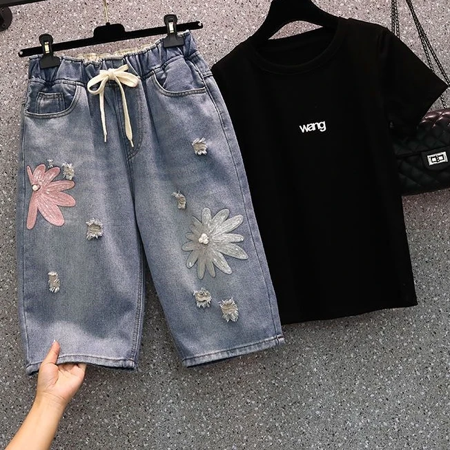 Slimming Daisy Embroidered Harlan Jeans Five-Quarter Length Universal Sle Women's Faionable Summer Elastic Waist Denim Pants