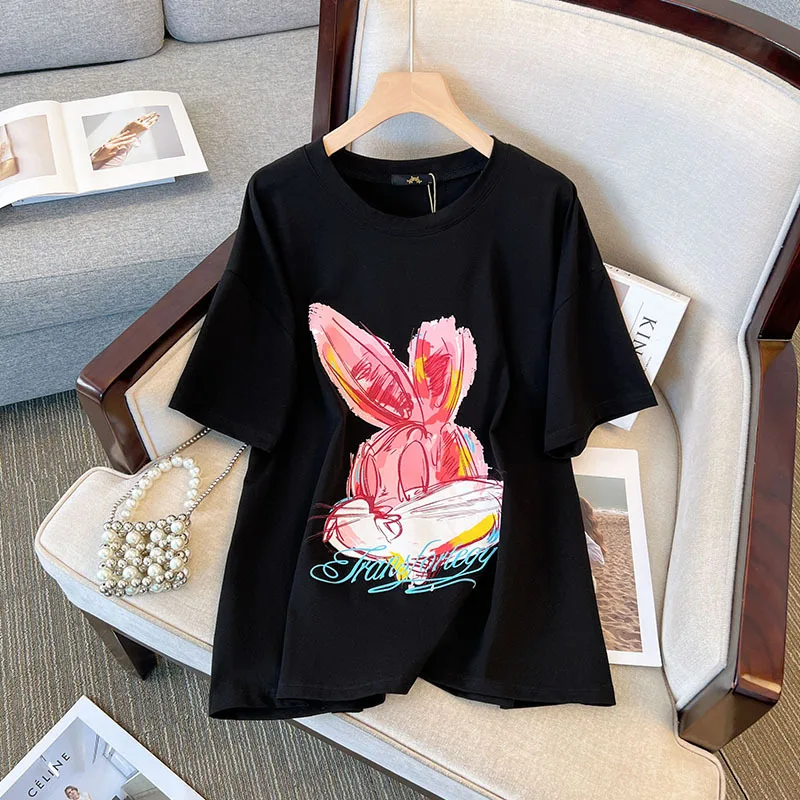 150Kg artı boyutu kadın büstü 157 yaz gevşek yuvarlak boyun