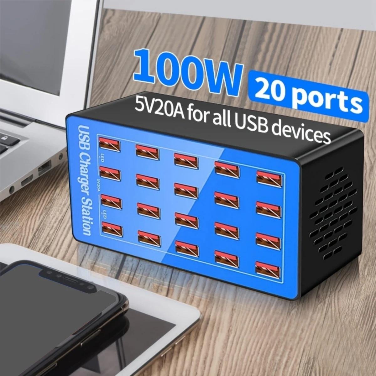 Ultimate 20-Port USB Charging Station - 100W High-Capacity Multi-Device Charger for Smartphones, Tablets, and More