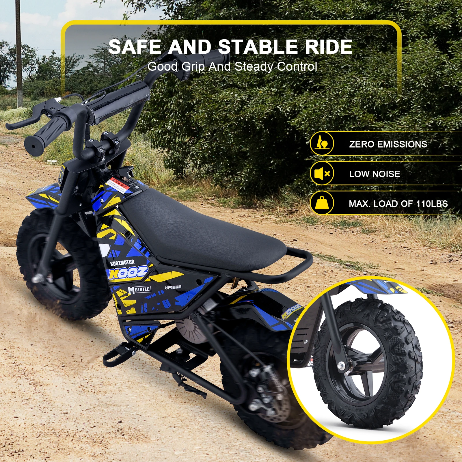 KOOZ HP120E 24V 250W Electric Motorcycle for Kids, Electric Dirt Bike Up to 10 MPH & 7.5 Miles Long-Range.