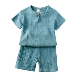 Kids' Cotton Linen Summer Outfit - Solid Color Short Sleeve Top and Shorts - 3T (SKY BLUE)