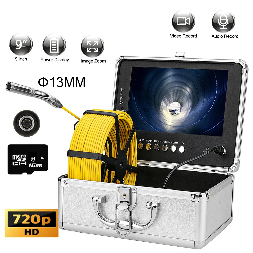 13mm Pipe Inspection Camera 720P 9'Monitor Sewer Video Record Waterproof Camera Endoscope Borescope Mini DVR 1m 2m 3m cable endoscope camera 2 3 lcd monitor led waterproof pipe tube inspection borescope handheld 8 5mm endoscope camera