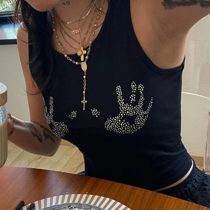 Camiseta sin mangas de verano para mujer, estilo europeo y americano, con cuello redondo y diamantes, sin mangas y abertura en el ombligo, ajustada, estilo Y2K