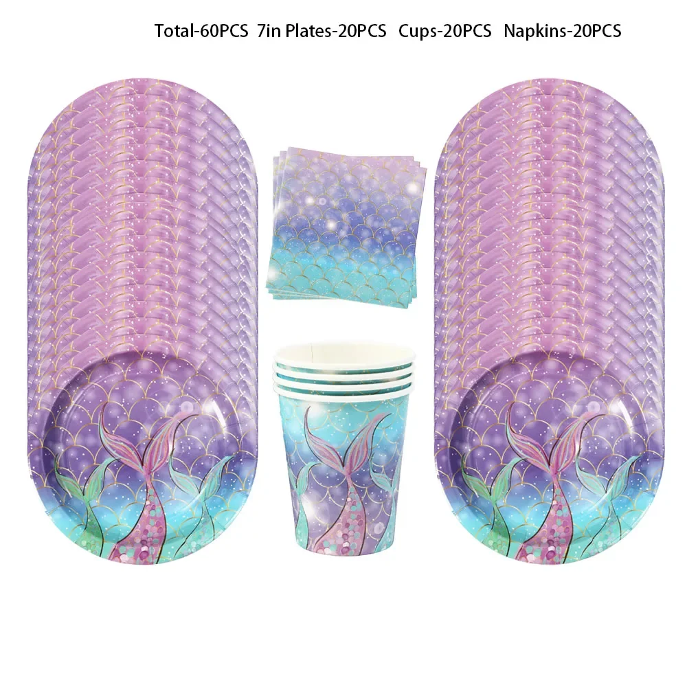 Mermaid Birthday Decorations Girl Disposable Paper Plates Cups Napkins Plastic