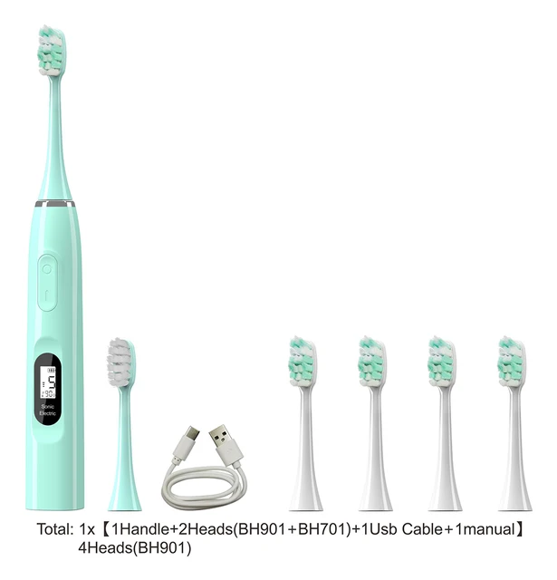 Sfeel 15 Modes LCD Screen Sonic Smart Electric Toothbrush Adult Timer USB Type C Rechargeable IPX7 Waterproof Whitening Green-6 heads