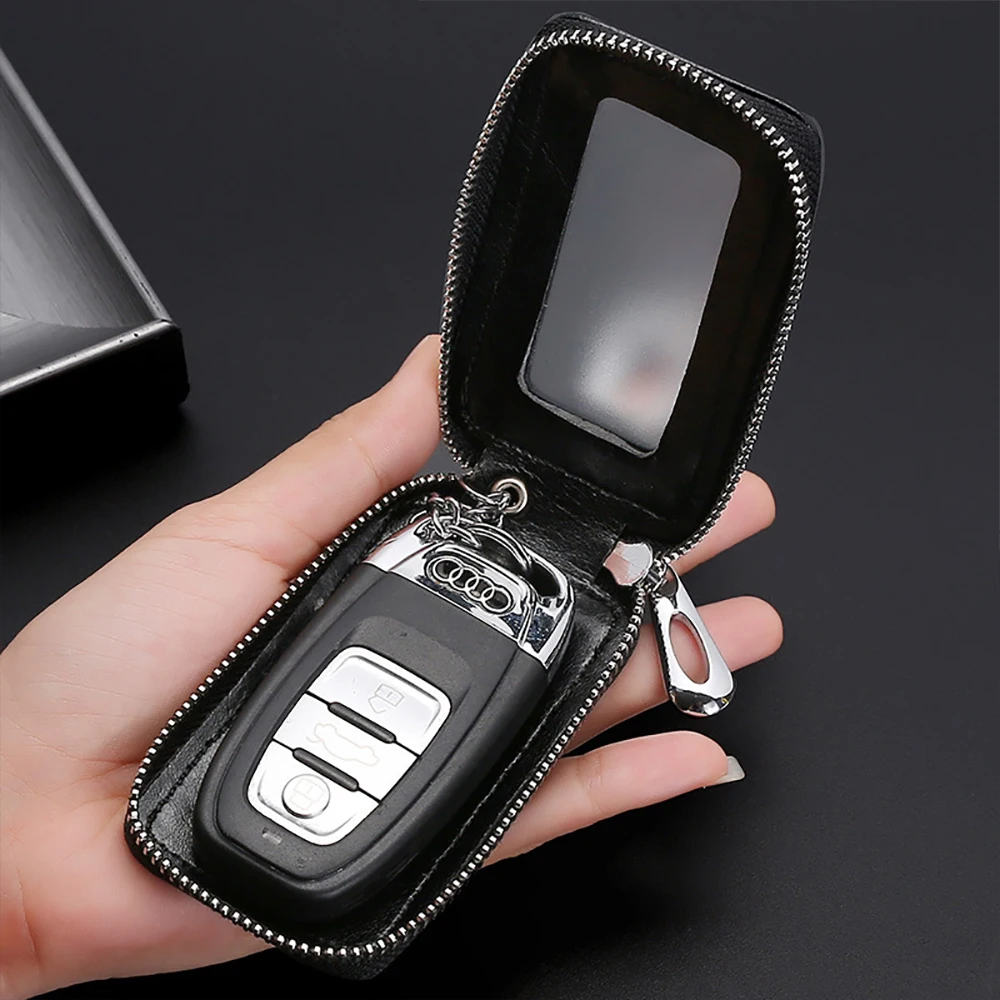 Leather Car Key Holder with Mirror Window - Retro Keyring Wallet and Zipper Pouch