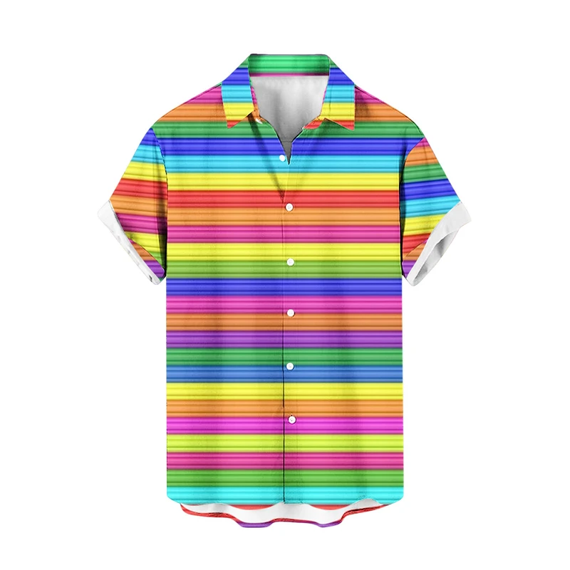 thumbnail image 1 of Camisa hawaiana con estampado 3D de rayas de colores para hombre, camisas de playa con plantas para vacaciones de verano, camisas de manga corta con botones para parejas de calle, 1 of 4
