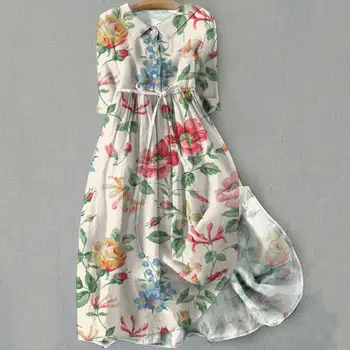 A-line Dress Bohemian Floral Print Midi Dress with Lace-up Detail A-line Silhouette for Women Spring Fashion Statement Women 1