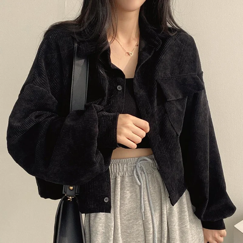 여성용 코듀로이 재킷, 빈티지 한국 스타일, 단색 코트, 싱글 브레스트, 단추 업, 긴 소매, 루즈 스트리트웨어, 가을