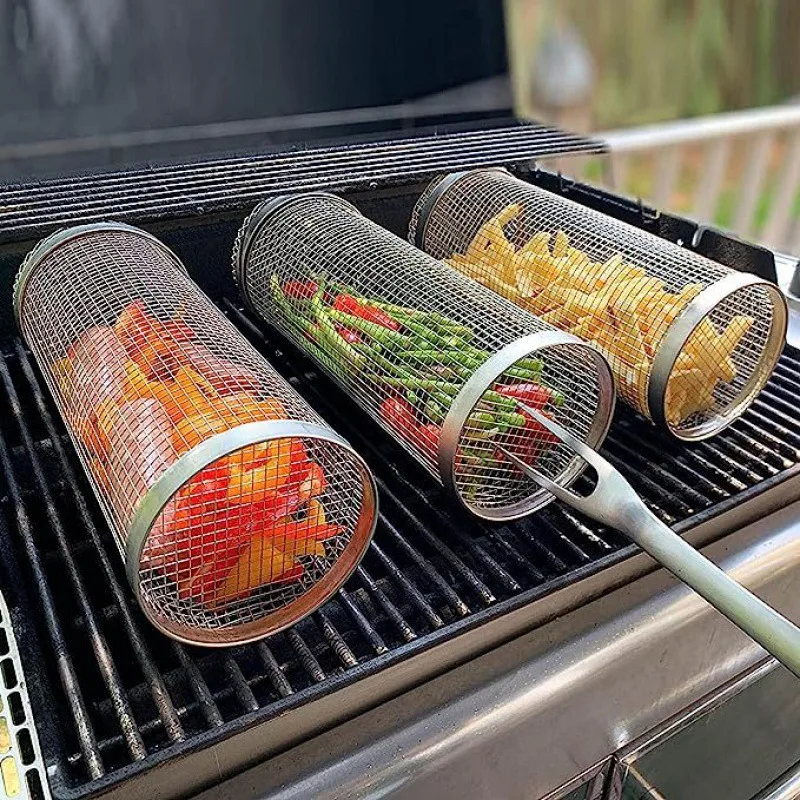 Outdoor Barbecue Stainless Steel Cage, Cylinder Net Barrel Rolling BBQ Basket, Marvelous Barbecue Machine