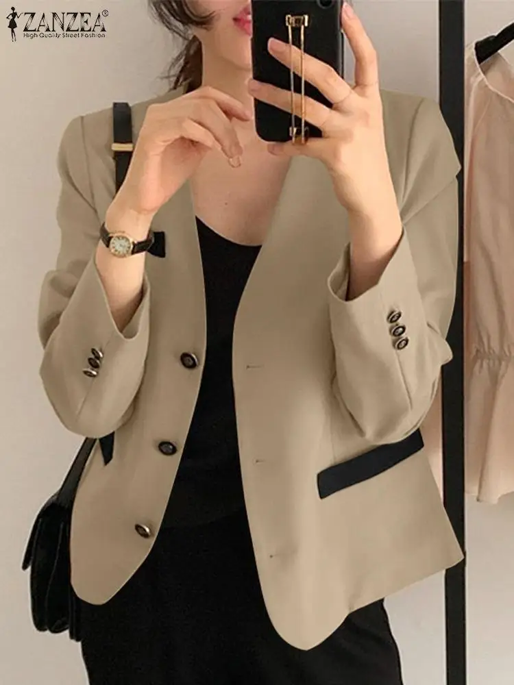 

ZANZEA 2023 Autumn V Neck Long Sleeve Thin Outwear Casual Color Patchwork Jackets Suits Korean Fashion Women Office Work Blazer
