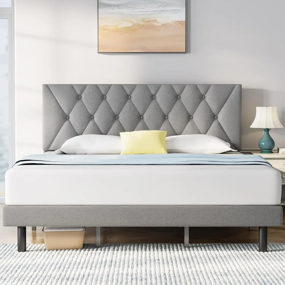 

Queen Bed Frame with Adjustable Headboard, Linen Fabric Wrap, Strong Frame and Wooden Slats Support, No Box Spring Needed,