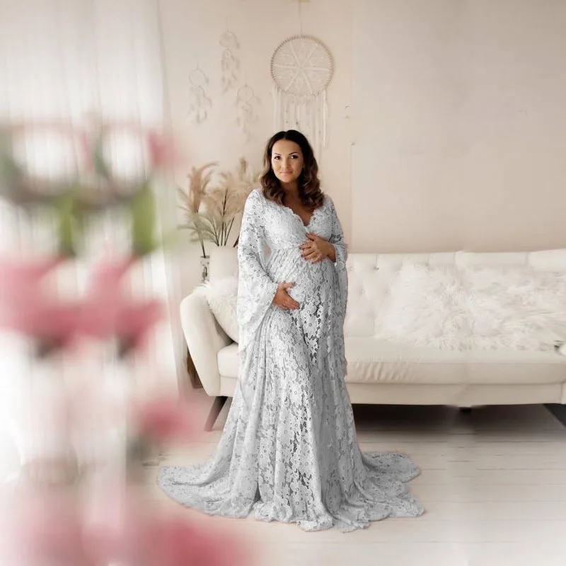 

Lace Women Maternity Robes Pregnant Bathrobe V Neck Full Sleeves Evening Dresses Photo Shoot Photograph Party Prom Sleepwear