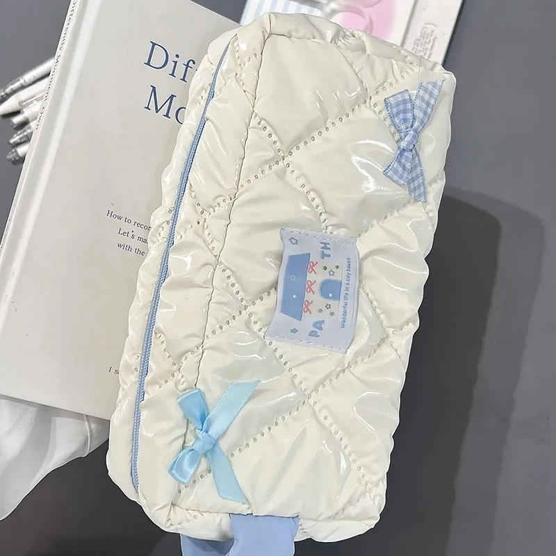새로운 흰색 활 모양 연필 가방 대용량 문구 가방 여행용 수납 가방 여성용 화장품 가방 귀여운 디자인 소녀용 연필 케이스
