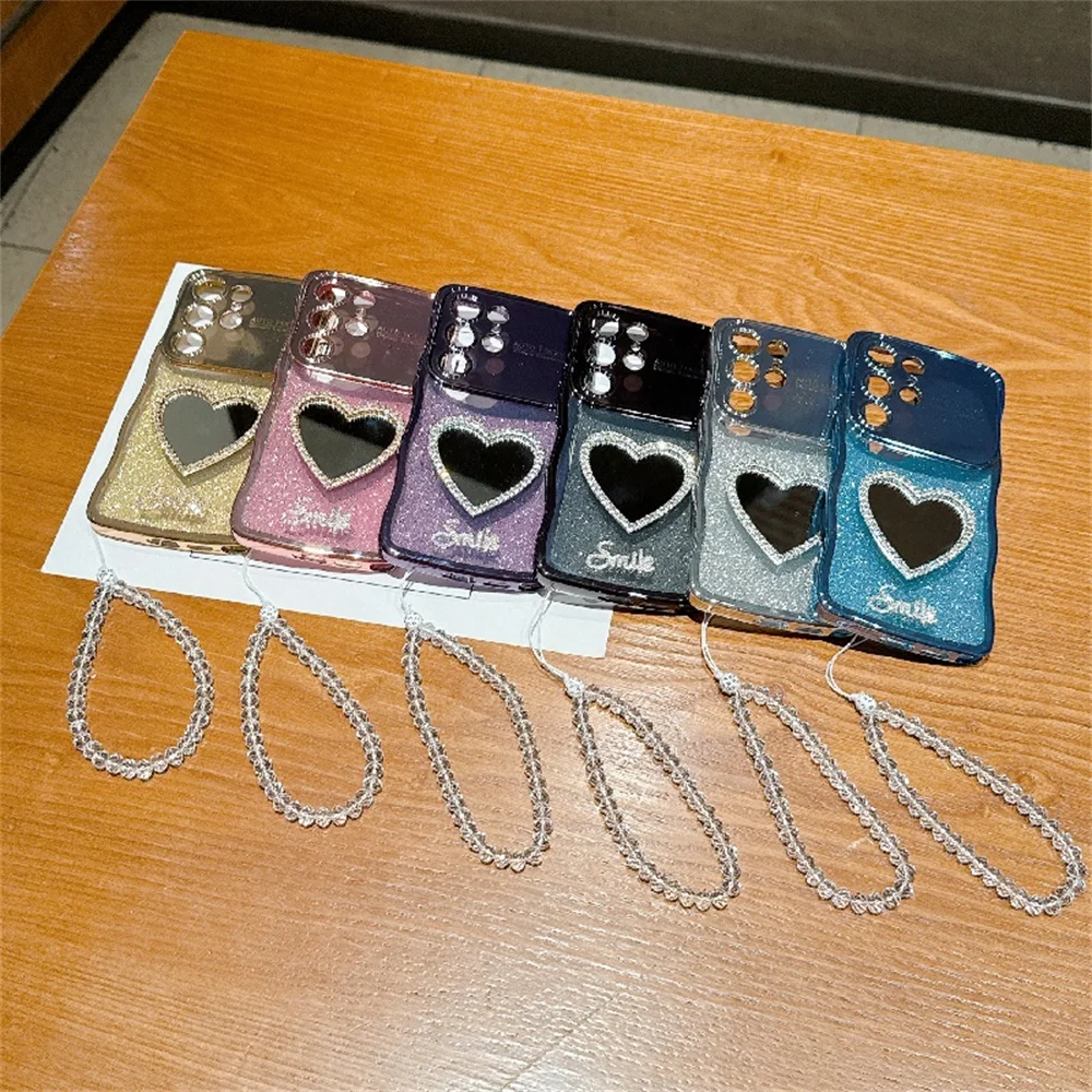 Love Heart Makeup Mirror Shiny Case with Crystal Wrist Chain Cover