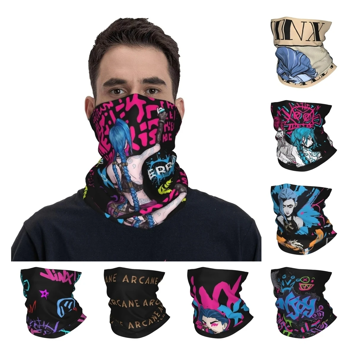 Jinx Arcane Game Graphic Style Bandana Neck Gaiter Printed Balaclavas Face Scarf Multifunctional Headband Unisex Adult Washable