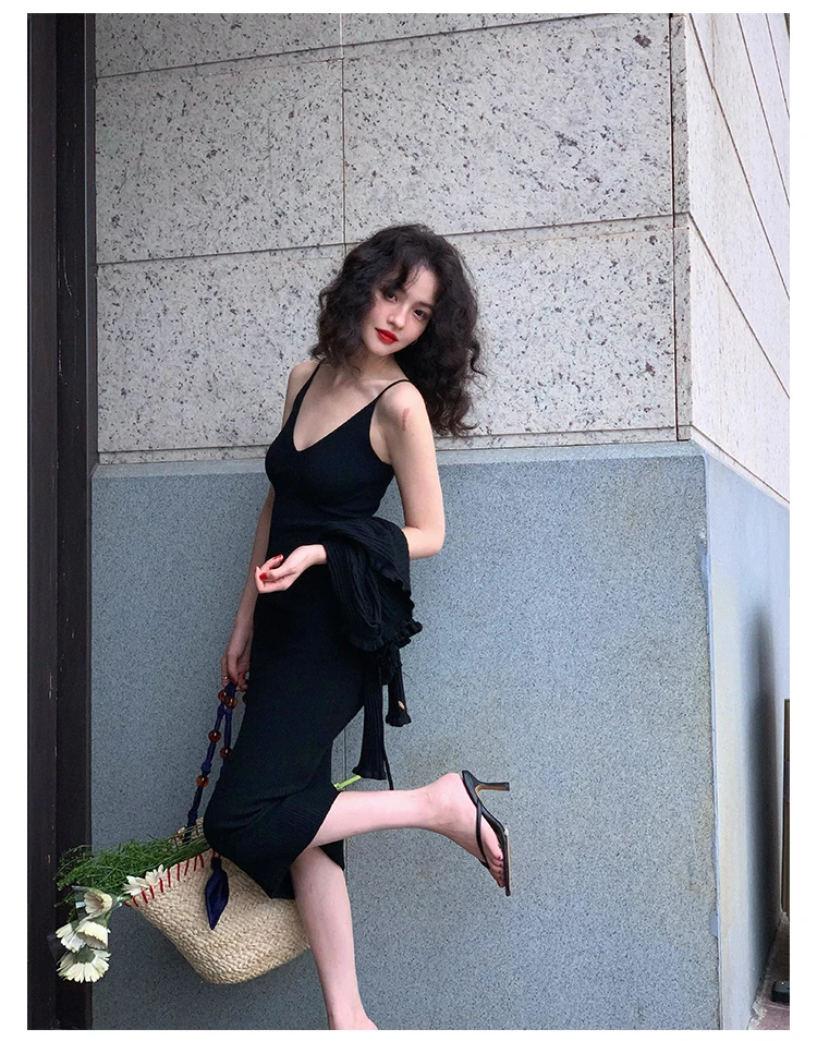 Vintage Chic Knitted 2-piece Dress Set Women Crop Cardigan V-neck Spaghetti Strap Bodycon Midi Dress Autumn New Female Clothing