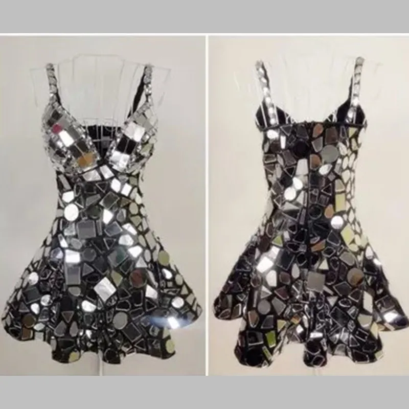 

Stage Costumes for Singers One-piece Dress Full-body Silver Lens Mirror Roupa Feminina DJ Mirror Dress Rhinestone Bodysuit