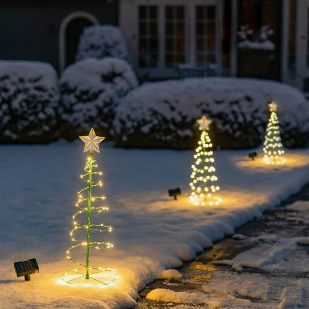 Solar Spiral Christmas Trees Outdoor Light Up Xmas Pathway Markers With Stake Waterproof Lights for Patio Yard Walkway Decor