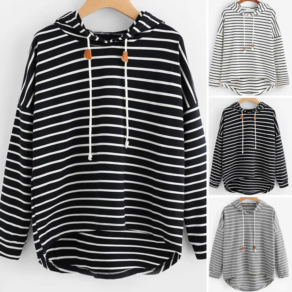 

Breathable Warm Hoodie Women Fall Hoodie Stylish Women's Striped Hoodie Irregular Hem Drawstring Casual Loose Fit for Autumn