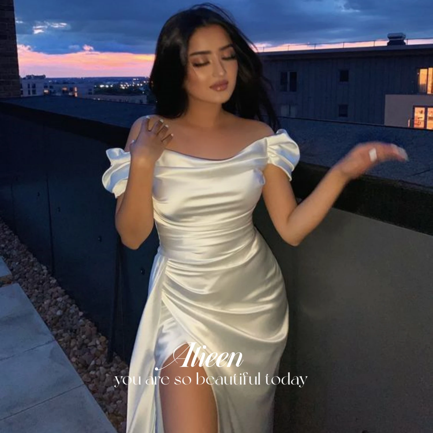 

Aileen Long Wedding Party Dress Women Elegant Luxury Evening Dresses 2024 Satin Off the Shoulders Slit Mermaid Ball Gown White