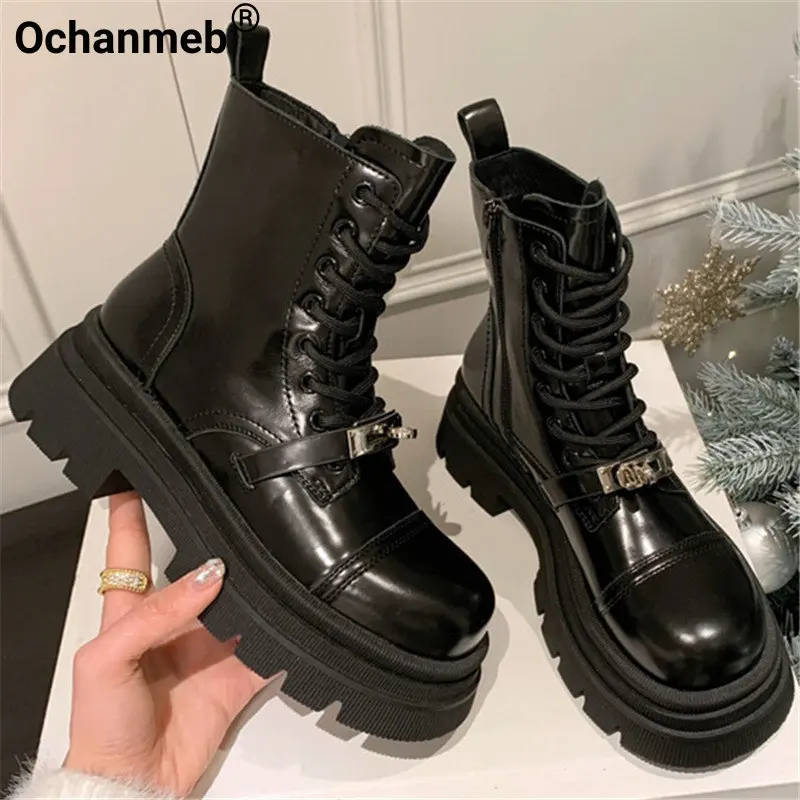 

Ochanmeb Women Genuine Leather Boots Goth Chunky Heel Platforms Brand Metal Lock Short Ankle Boot Woman Lace-up Shoe Fall Winter