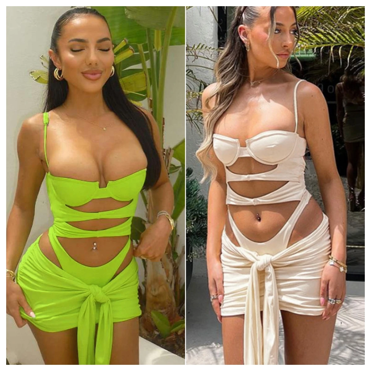 

Women Sexy Two Piece Set 2023 Summer Cutout Spaghetti Straps Bodysuits Top Ribbon Bandage Mini Skirts Vacation Beach Party Suits