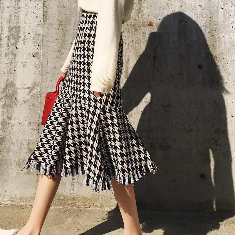 

Design Houndstooth Midi Skirt Women's Autumn Winter Woolen Ruffled High Waist All-Match A- Line Hip Skirt Femme Ladies C95