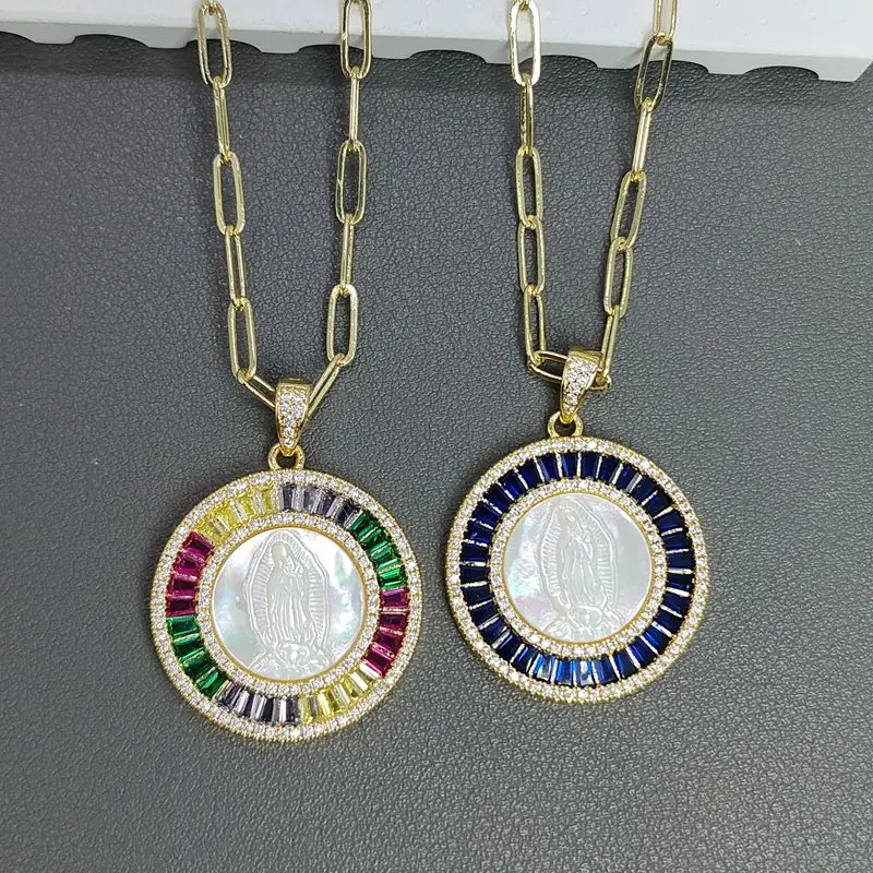 

Hot Selling Natural White Shell Our Lady of Guadalupe Pendant Necklace Exquisite Micro inlaid Zircon Charms Religious Jewelry