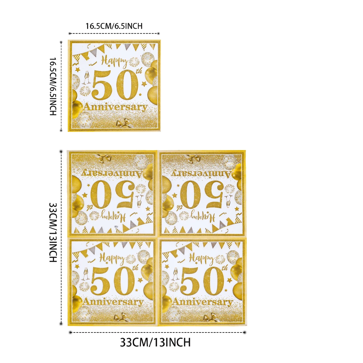 Disposable Paper Napkins Gold Anniversary Party Design White Gold 40/50/60/70 Years Disposable Dinner Napkin Confetti Balloon Flag Print Wedding Anniversary Table Supplies 5