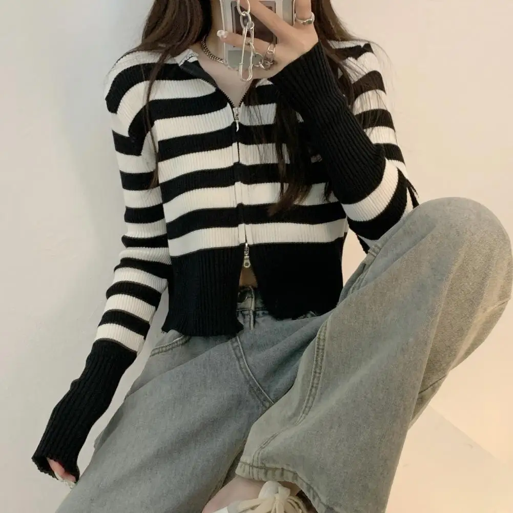 

Spring Autumn Women Knitting Short Coat Double-Head Zipper Hooded Knit Cardigan Hooded Long Sleeve Solid Color Sweater Coat