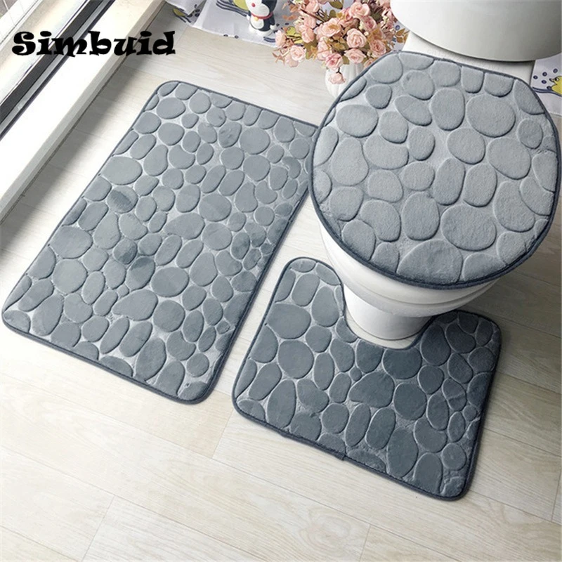 Set of 3 Bathroom Bath Mat Set 2PCS Cobblestone Mat Absorbent Non Slip