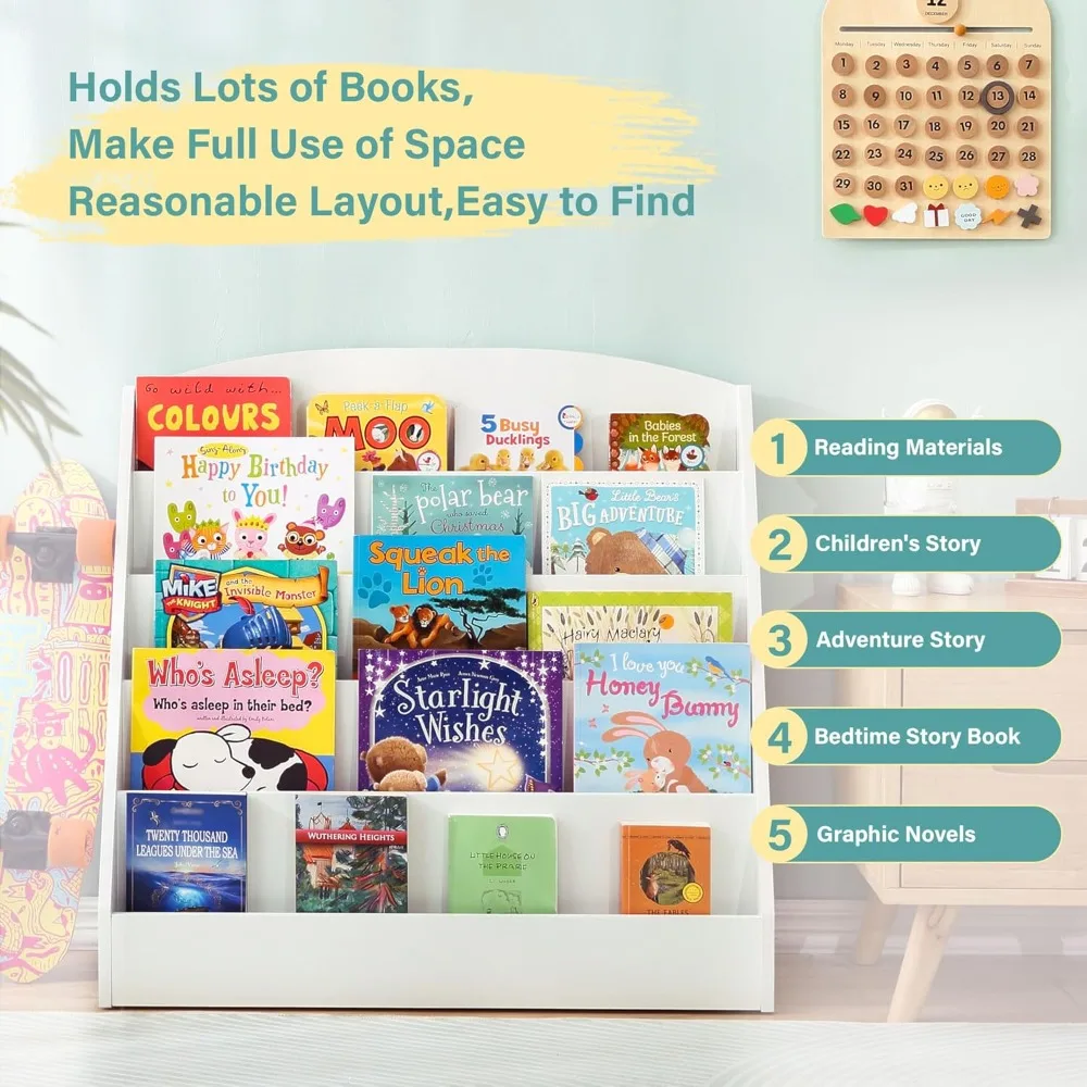 5-Tier Kids Bookshelf - Wooden Children Book Rack for Playrooms, Nursery, and Classrooms (White)