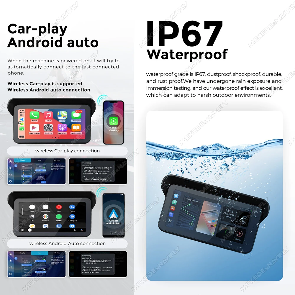 6.25inch GPS Navigation Motorcycle IP67 Waterproof Portable Wireless Car-play Android Auto Multimedia Player Dual 1080P DVR WIFI