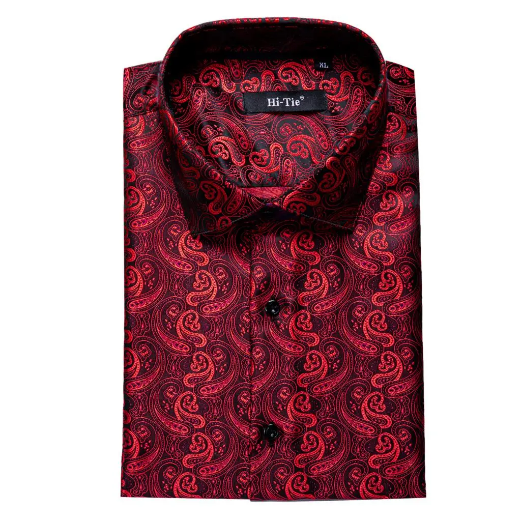 Long Sleeve Shirt Hi-Tie Long Sleeve Silk Shirts For Men Suit Dress Outwear Male Slim Jacquard Wedding Floral Paisley Gold Blue Red