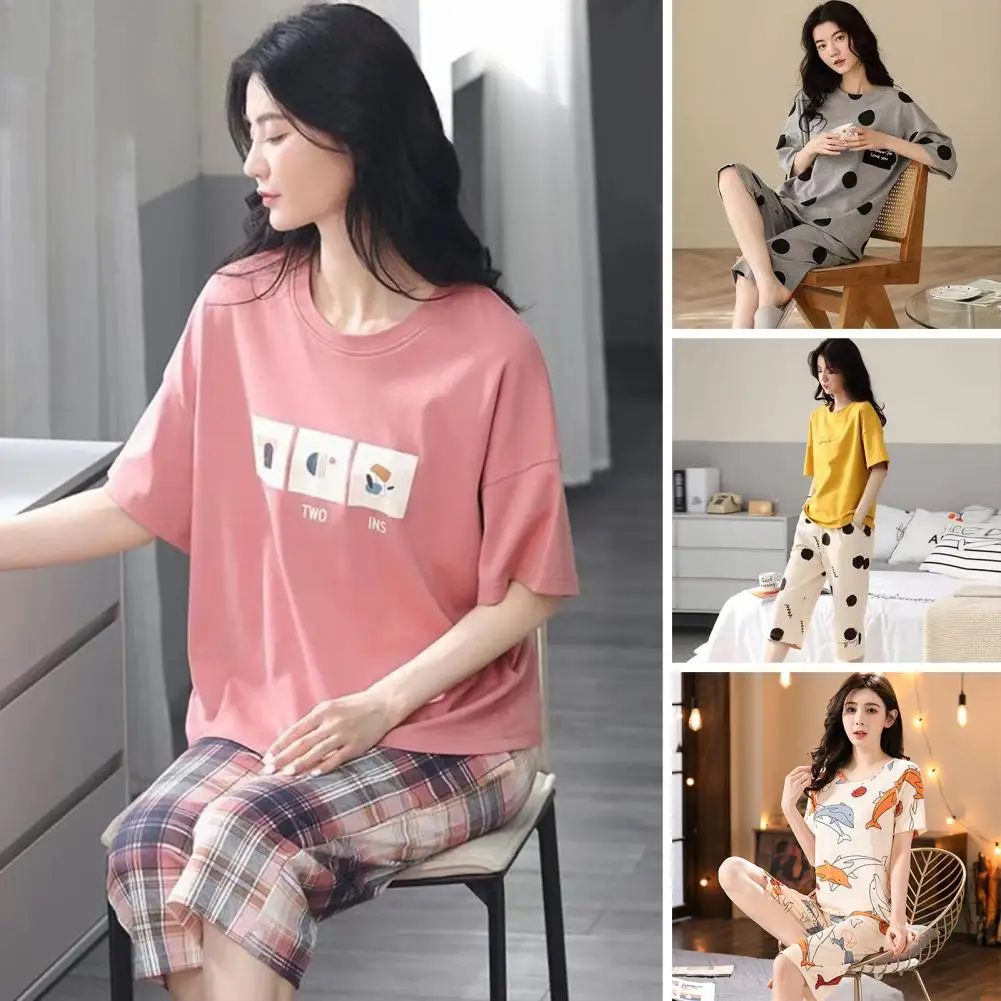 2 Pcs/Set Women Pajamas Set Cartoon Printing Loose Elastic Waist Home Wear Cropped Pants  T-shirt Pants Set Female Clothes women 2 piece set tracksuit boat anchor print two piece set t shirt top and pants femme clothes elastic waist long pants sports