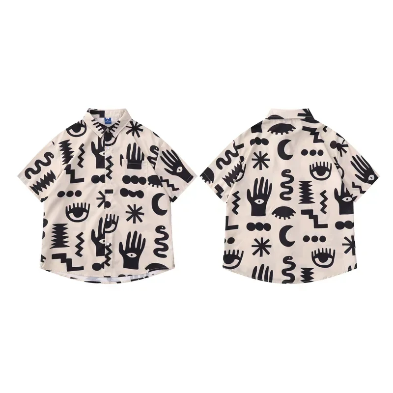 Retro Hiphop Print Short Sleeve Shirt Men Fashion Brand Personalized Loose Casual Coat for Summer