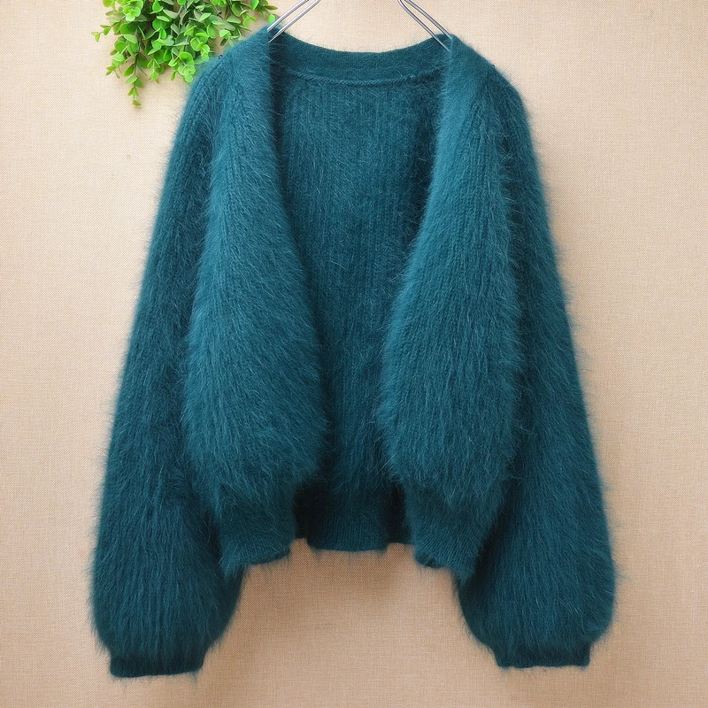 

Female Women Fall Winter Cropped Thick Warm Hairy Mink Cashmere Knitted Long Sleeves Loose Cardigans Angora Fur Sweater Jacket