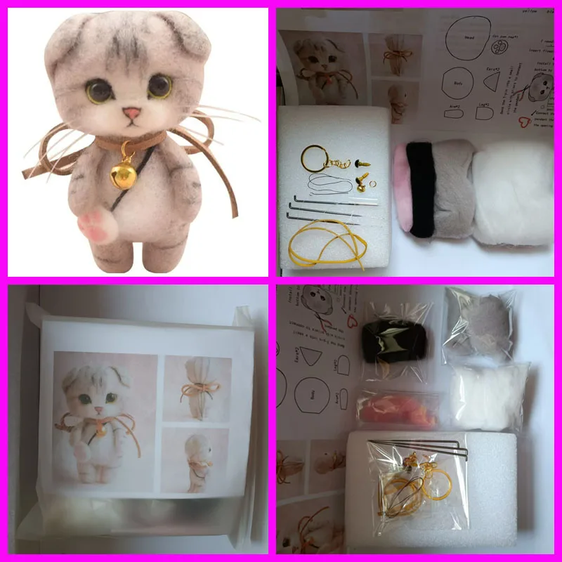 Cat doll needle felted wool,merino wool to felting, wool fiber for felting,felt for needle felting, fiber felt felting set