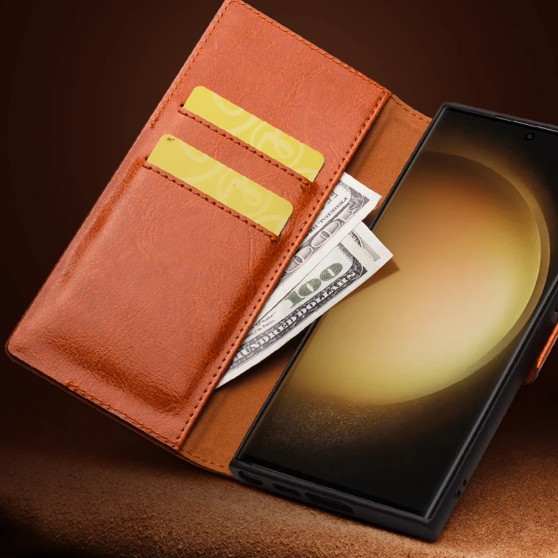 QIALINO Genuine Leather Phone Case for Samsung S23+ Plus 5G Business Style Fashion Luxury with Card Slots Cover for S23 Ultra