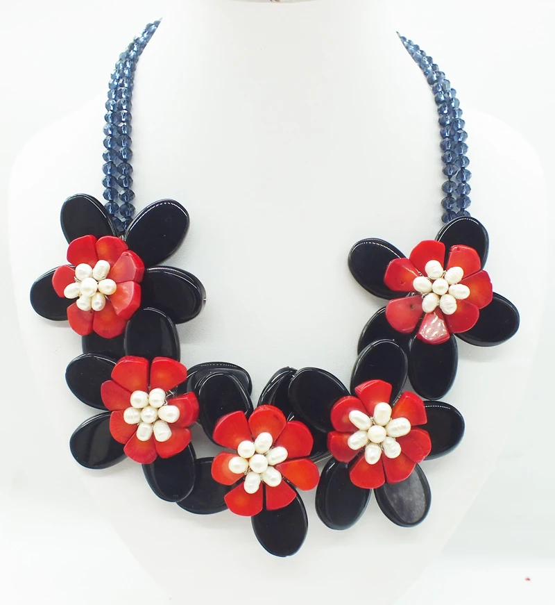 

Natural Brazil Black, semi-precious stones, and red coral flower necklace 20"
