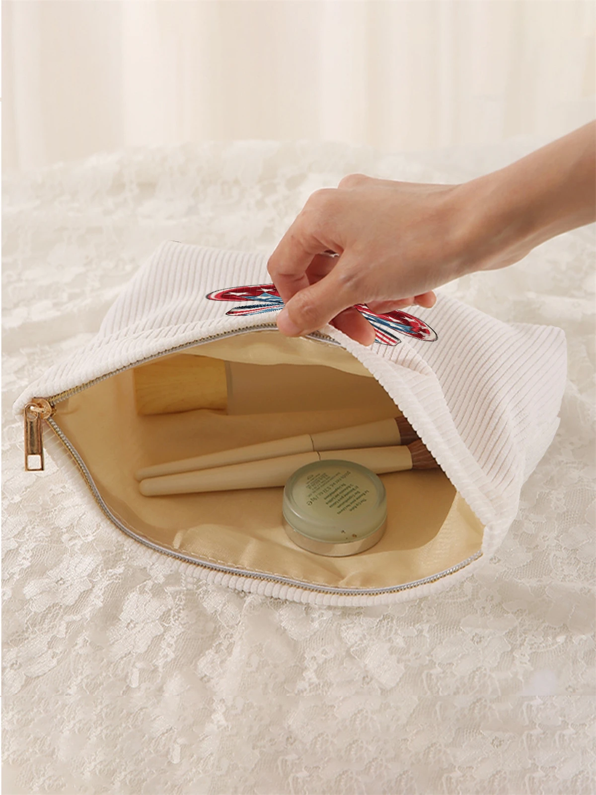 1 butterfly knot patterned corduroy makeup bag, lightweight zipper makeup storage box, multifunctional bag with lining